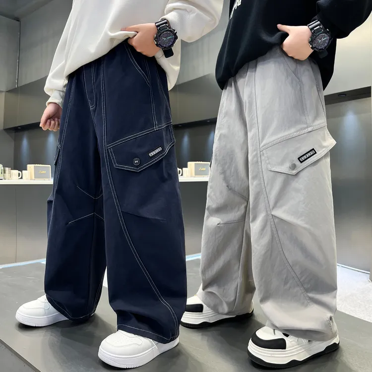 男童裤子春秋新款中大童长裤儿童工装裤藏青色男孩阔腿宽松秋季潮