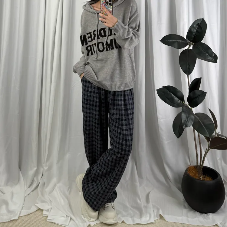 复古格子阔腿裤女春秋高腰宽松显瘦垂感直筒休闲拖地裤子穿搭