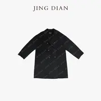 【JING DIAN】黑色苏丽羊毛翻领双排扣中长款大衣1881  经典毛呢