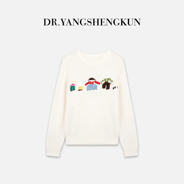 杨圣坤2025冬季新品100%绵羊毛卡通人物提花圆领针织衫SL25112316