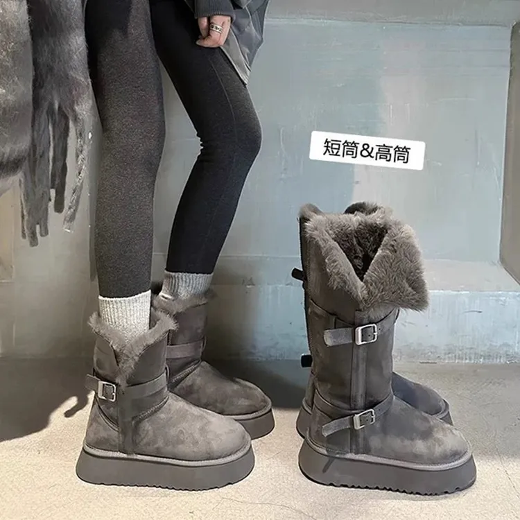 灰色厚底中筒雪地靴女2025新款冬季加绒保暖长筒靴高筒东北大棉鞋