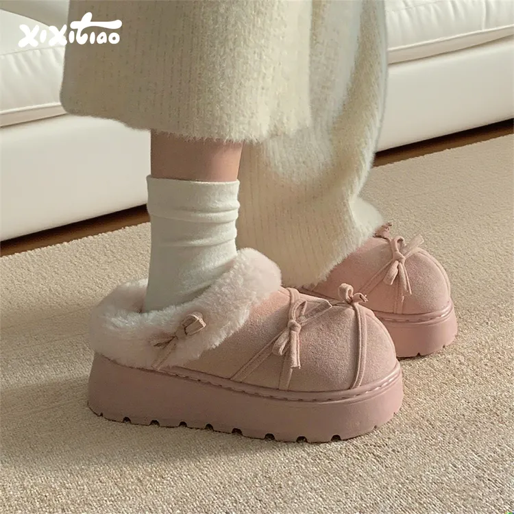 细细条 网红外穿厚底一脚蹬毛毛鞋女冬保暖韩系蝴蝶结乐福棉拖鞋