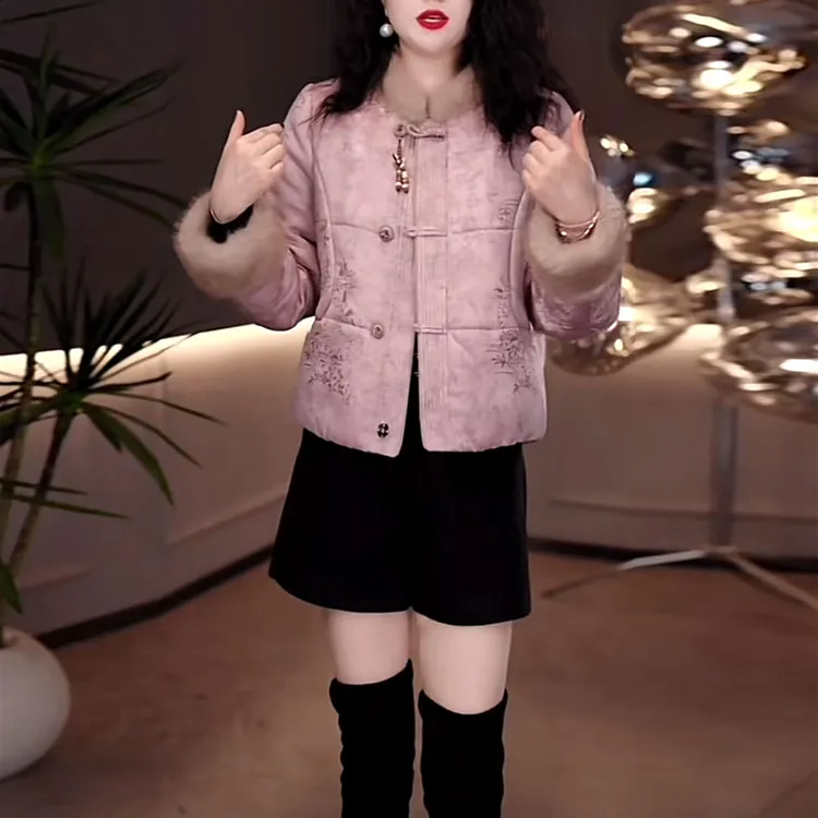 时尚新中式保暖短棉衣棉服2025冬季新款气质国风提花加厚加棉外套