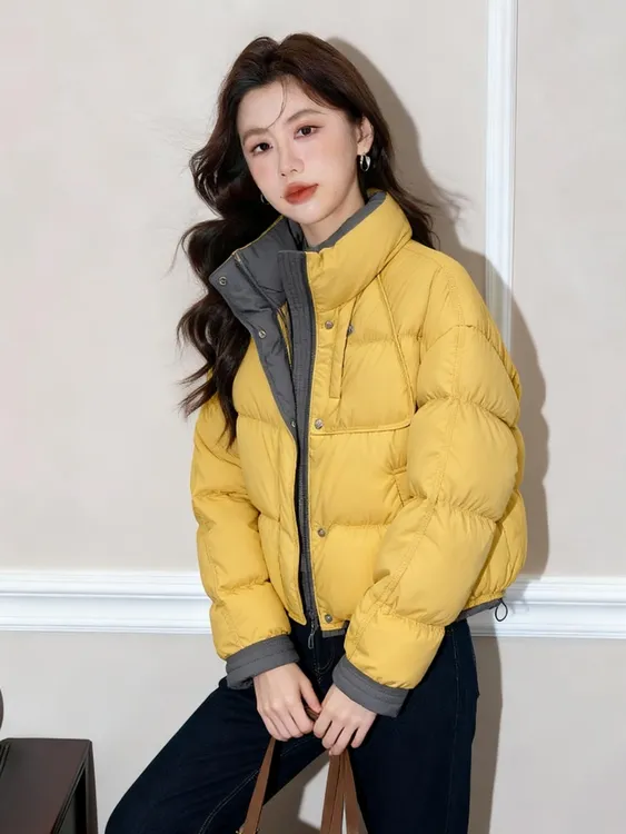 黄色撞色短款羽绒服女款冬季小个子好看厚外套洋气独特别致小棉袄