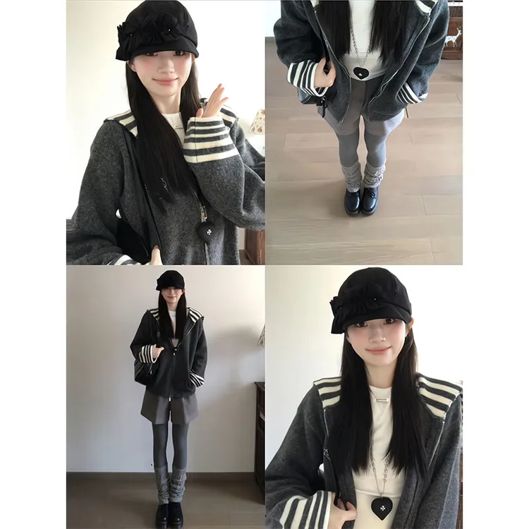韩系海军领灰色针织外套女秋季新款条纹开衫毛衣长袖上衣显瘦短裤