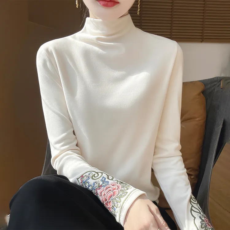 秋冬新款保暖女士德绒长袖T恤修身时尚半高领内搭显瘦遮肉刺绣