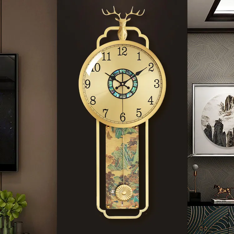 新中式钟表挂钟黄铜轻奢家用现代时尚静音装饰创意挂表时钟挂墙07