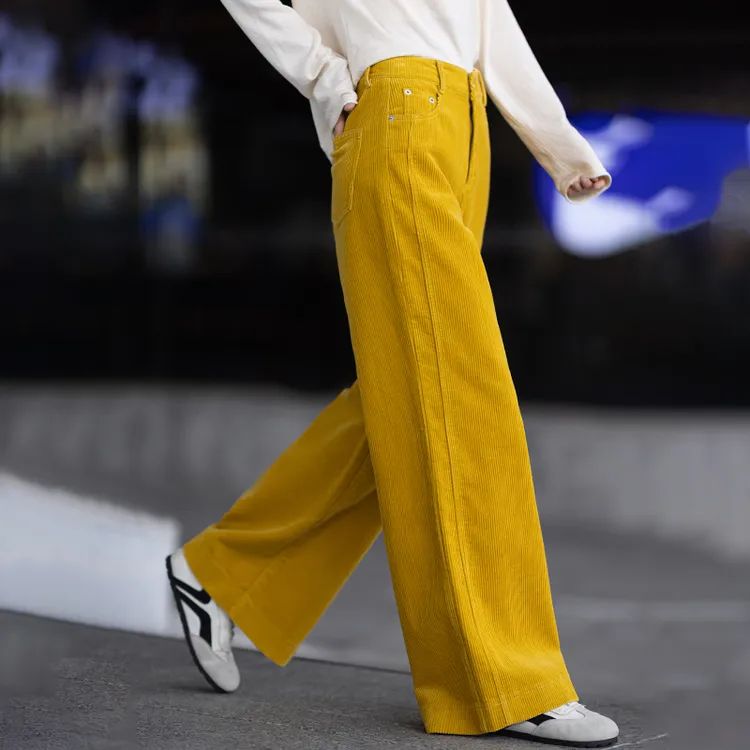 高级感黄色软糯灯芯绒阔腿裤女2025新款秋冬宽松休闲直筒条绒裤子