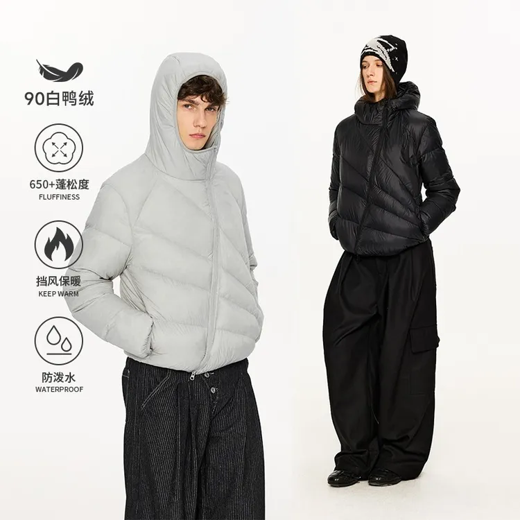 KREATE「放射线」轻薄短款90白鸭绒排骨斜拉链解构冬季连帽羽绒服
