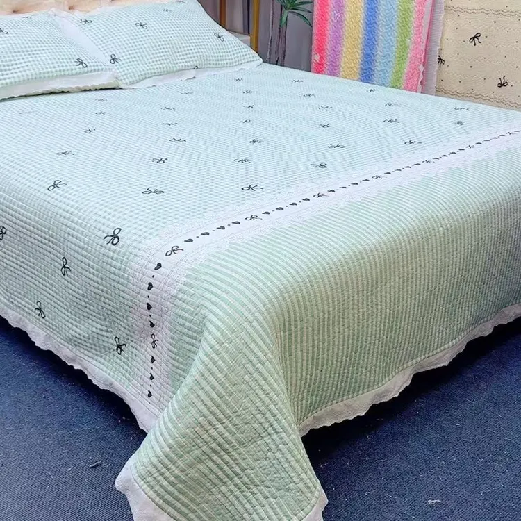 水洗棉花边床盖四季通用轻奢加大绗缝三层夹棉床裙款床单双面 