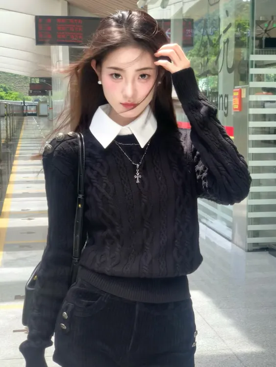 学院风假两件翻领麻花毛衣女装秋季宽松显瘦小众减龄上衣