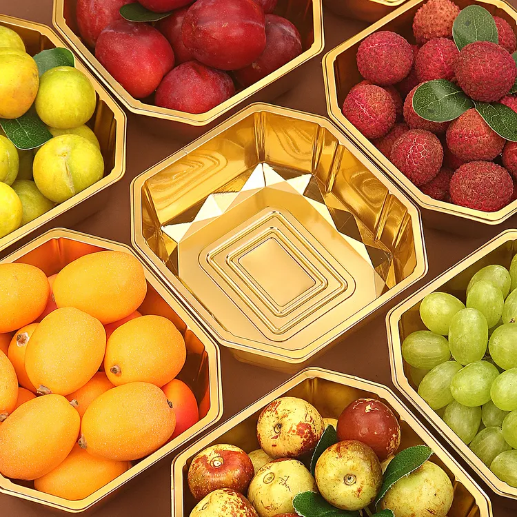 金色水果盒八角盒精品无盖包装盒一次性鲜果切盒高档水果打包盒子