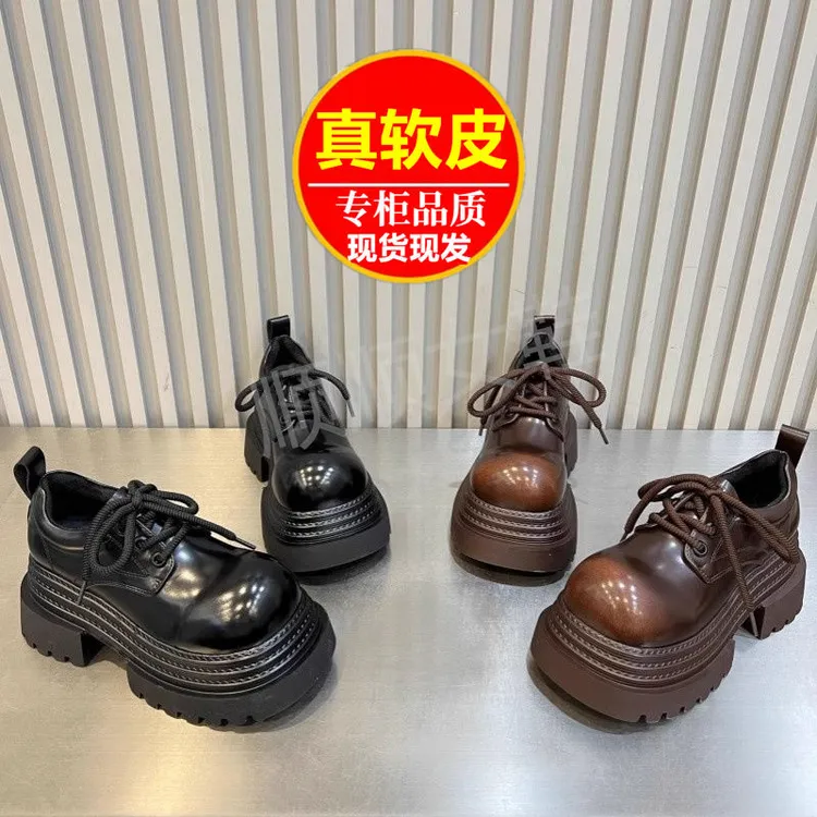 英伦风厚底小皮鞋女2025春秋新款单鞋小个子增高方头系带乐福鞋潮