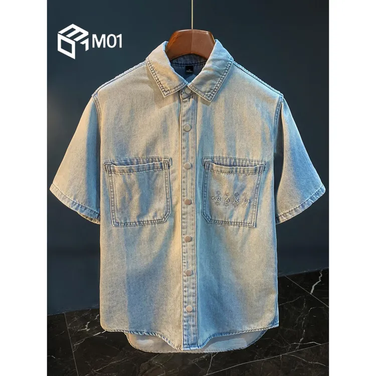 M01高端透气凉感短袖衬衣男渐变色夏季薄款翻领半截袖牛仔衬衫男