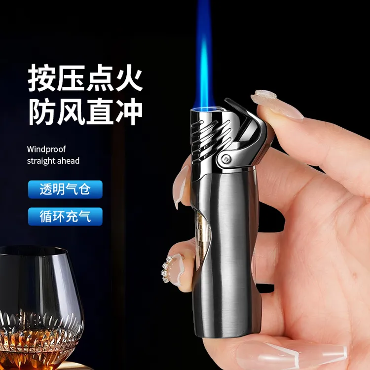金属拉丝创意打火机防风充气可视气仓直冲蓝焰高档便携点火器送礼
