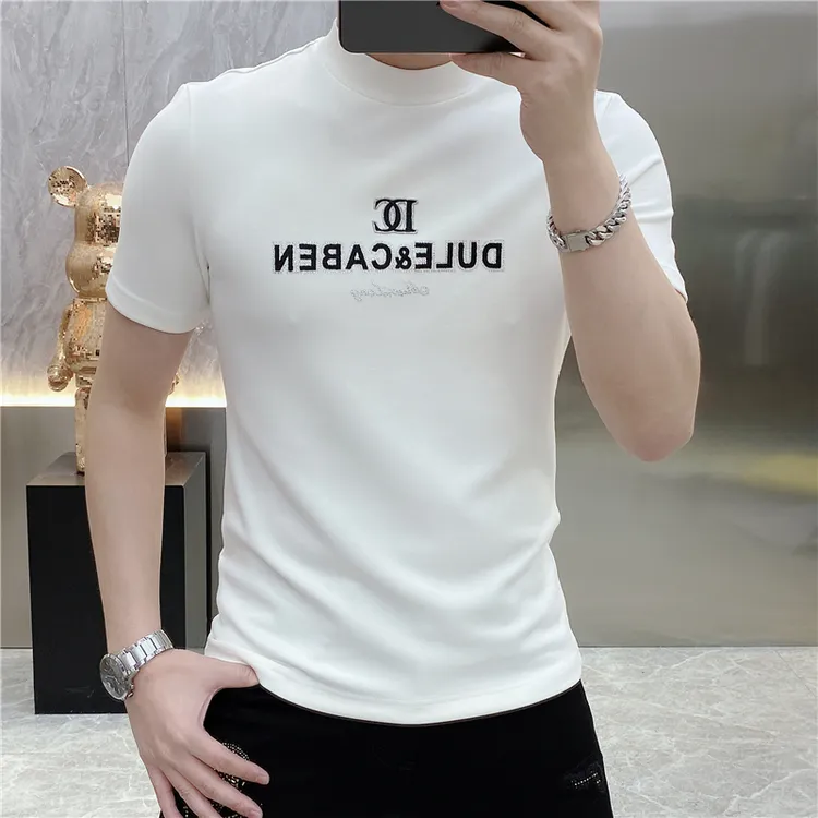 2025夏季新款欧货时尚字母印花烫钻修身弹力针织圆领短袖T恤男
