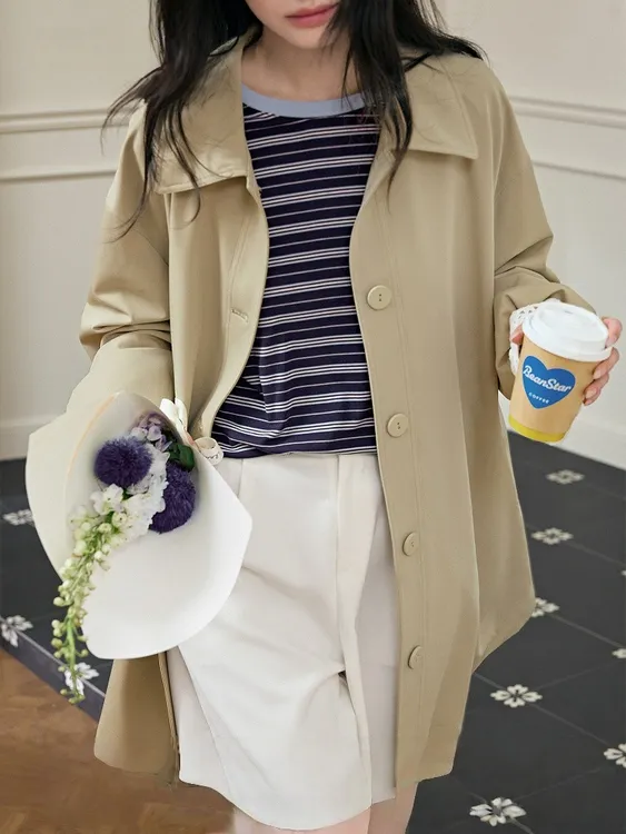阔蕾丝花边卡其色风衣外套女2025秋季新款宽松显瘦短款休闲大衣