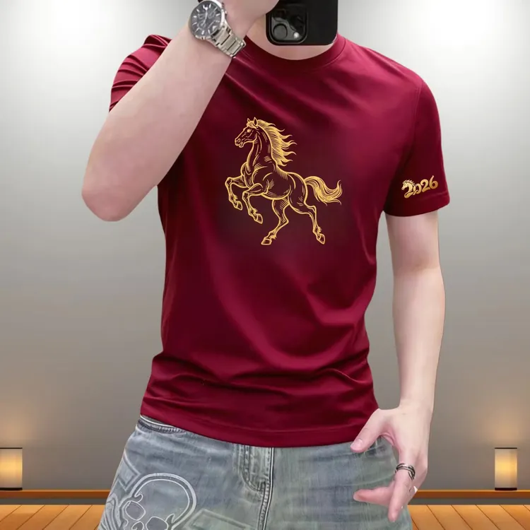 2026马年爆款纯棉骏马印花短袖T恤男士本命年高级感T恤上衣