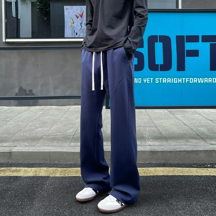 浅灰色直筒弯刀卫裤男款秋季垂感加绒显瘦裤子美式斜切休闲微喇裤