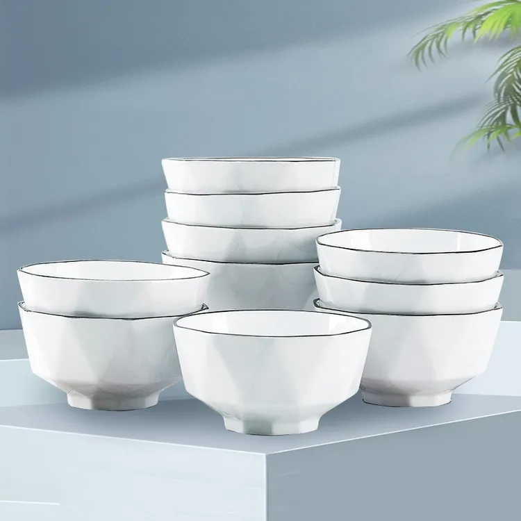 【孟垣】10个装4.5英寸钻石纯白黑边饭碗大碗釉下彩米饭碗陶瓷饭碗