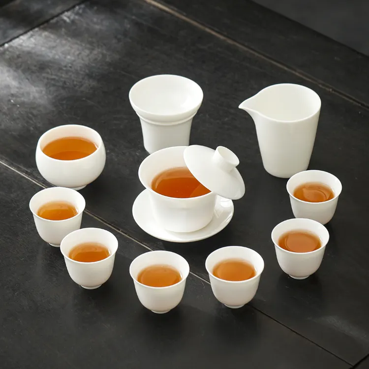 纯白羊脂玉悬停盖碗德化陶瓷功夫茶具套装高端全套办公室整套家用