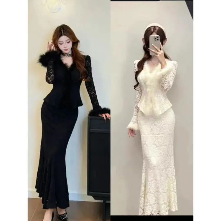 （大田小田）『法式御姐』大码V领+鱼尾裙两件套女新款设计感蕾丝