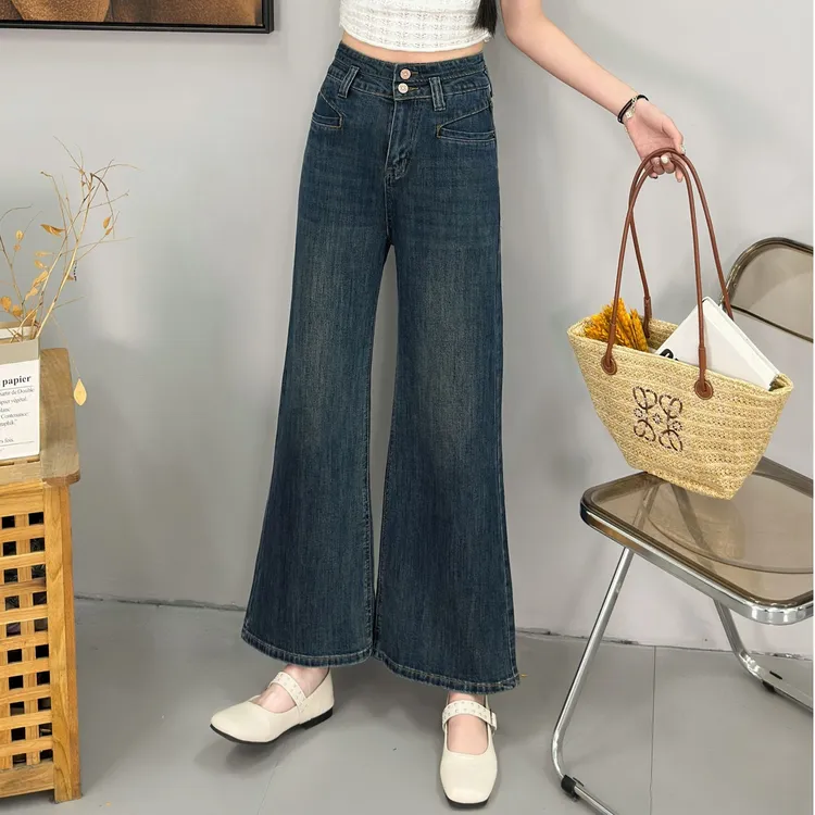 深蓝双扣阔腿牛仔裤女2025春季新款高腰宽松显瘦垂感不贴腿喇叭裤