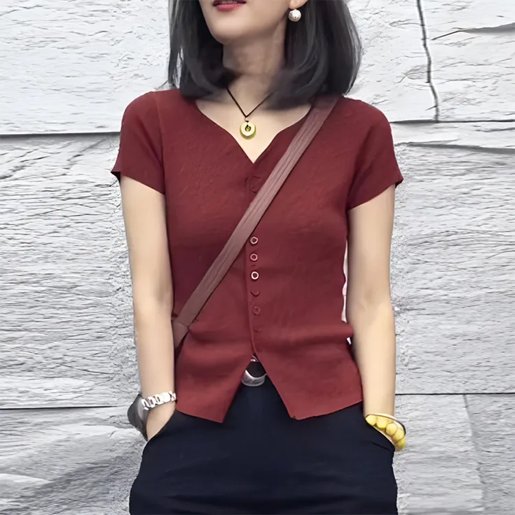 洋气减龄修身显瘦财阀千金女装T恤2026年夏季新款时尚百搭V领上衣