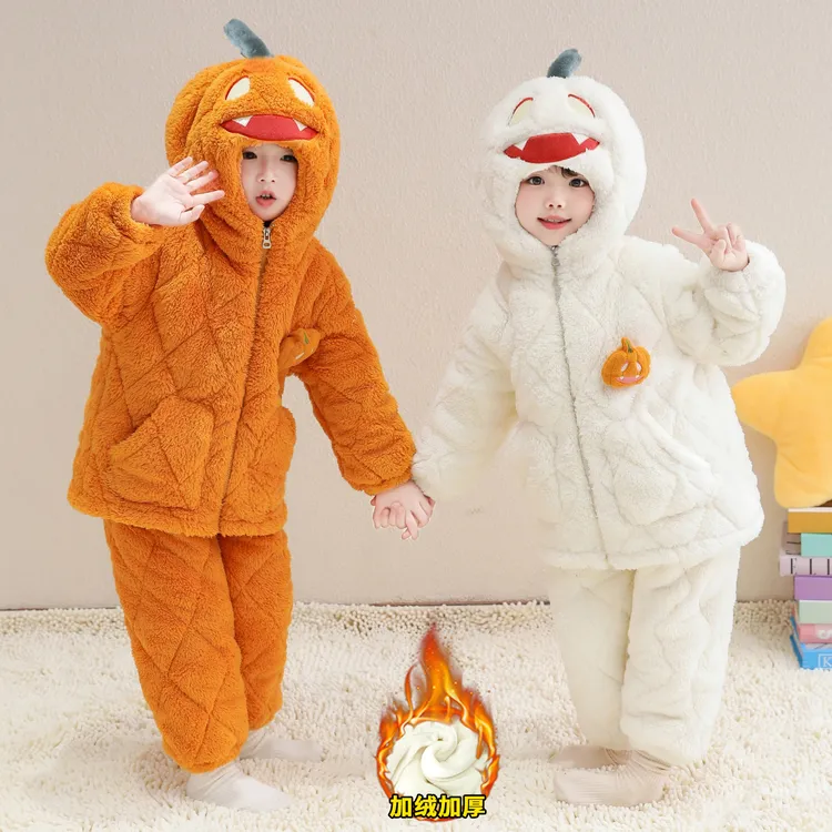 儿童睡衣三层夹棉加厚男童家居服2025冬季新款女童珊瑚绒加绒套装