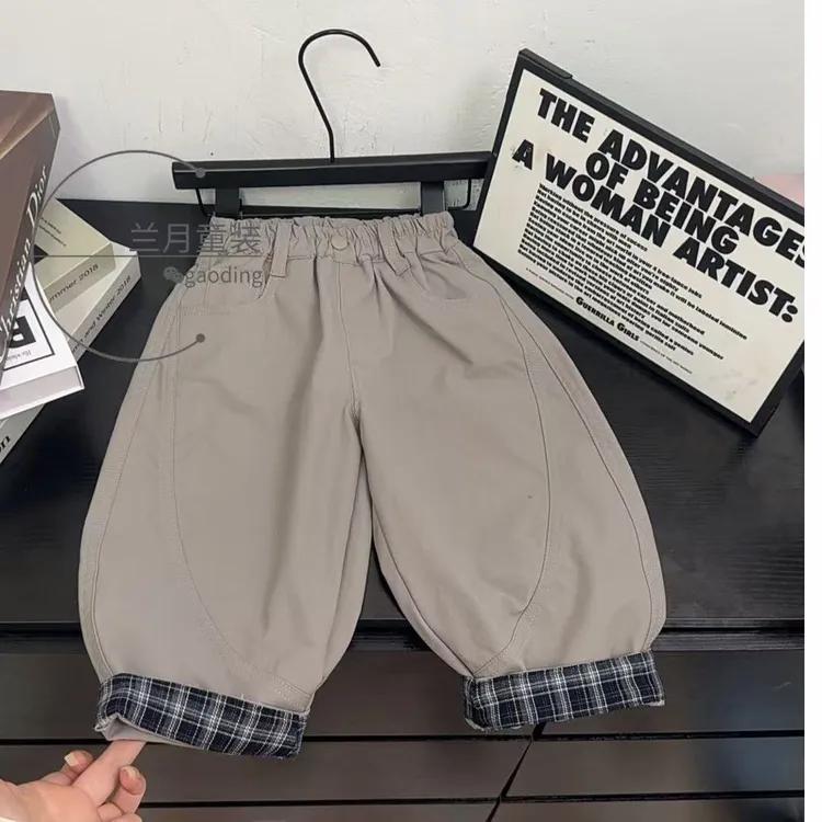 2025新款秋季儿童弯刀裤男女童休闲风休闲裤拼接格子宽松工装裤