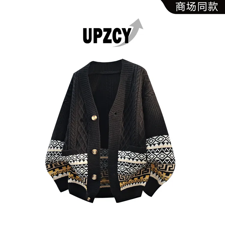 UPZCY秋冬提花开衫毛衣男复古慵懒宽松休闲针织衫外套高级感男装