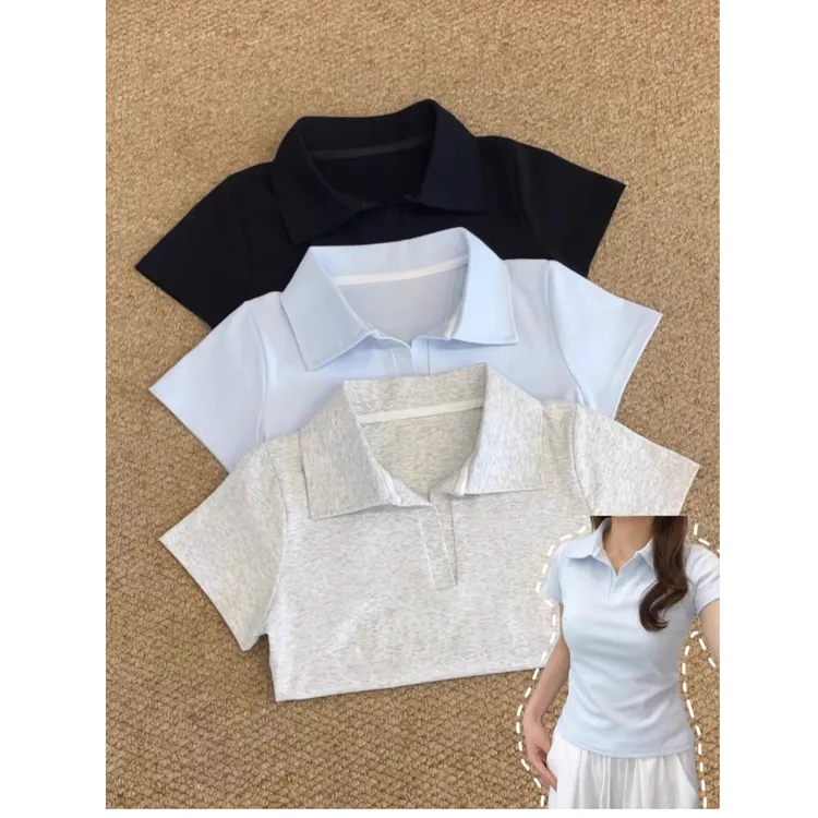 美式复古polo领正肩t恤女夏季百搭休闲运动收腰修身显瘦短袖上衣