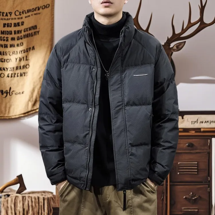 冬季新款时尚格纹立领男士羽绒服轻薄短款宽松防风90白鸭绒面包服