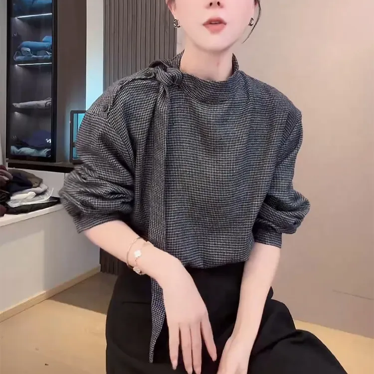 秋季女飘带立领格子衬衫轻奢高级感减龄洋气内搭叠穿衬衣上衣