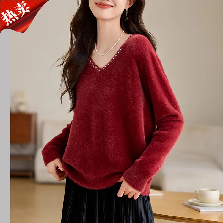 哥弟阿玛施正品水晶绒针织衫女法式v领毛衣保暖内搭打底衫上衣冬
