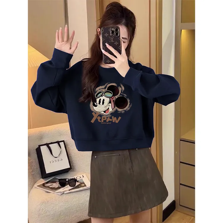 薄款卫衣女宽松短款高腰2025新款秋冬圆领无帽小个子加绒纯棉上衣