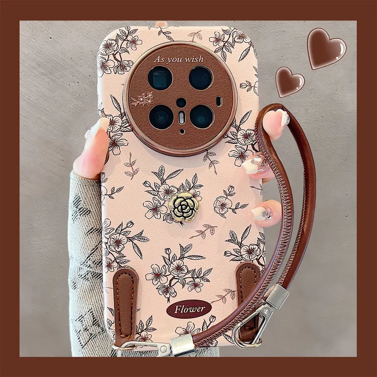适用于华为mate70pro+手机壳小香风立体山茶花mate60pro腕带挂绳 