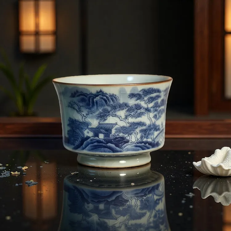 景德镇青花瓷山水茶杯马蹄主人杯单杯喝茶高档个人专用开片茶具