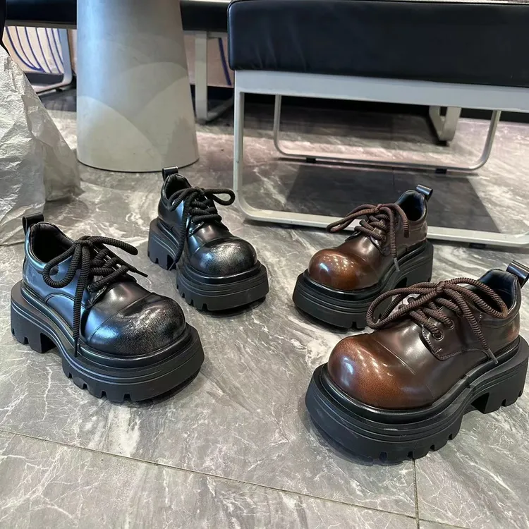 广州欧货【洛克】英伦风擦色复古做旧擦色时髦厚底百搭系带乐福鞋