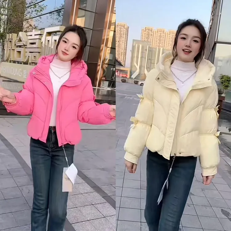 小个子短款羽绒服外套女2024冬季设计蝴蝶结洋气减龄连帽鸭绒外套