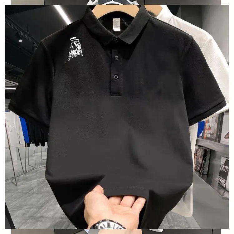 纯黑色短袖polo衫男女夏季高级感痞帅翻领t恤美式重磅正肩五分袖