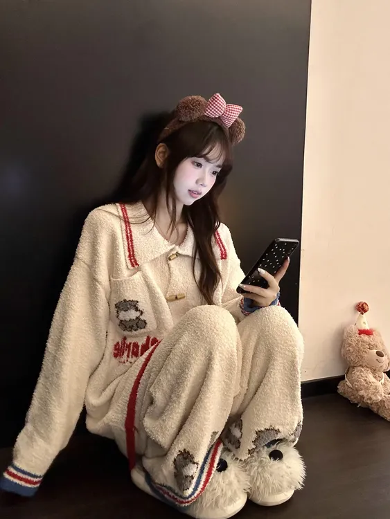 软糯针织半边绒开衫睡衣女2025秋冬季新款加厚加绒保暖家居服套装