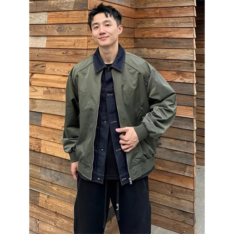 cleanfit假两件军绿色外套男款春秋美式复古痞帅翻领工装短款夹克