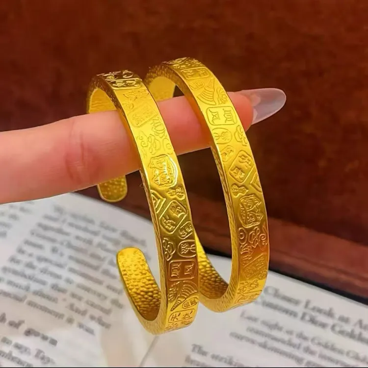 合金手镯 镯子9n醒狮吉言实心开口手镯锤纹吉言