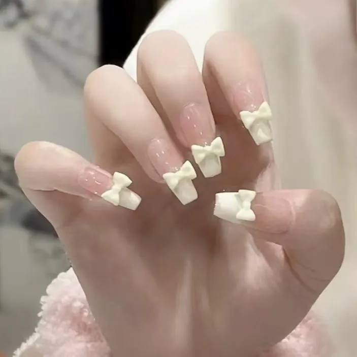 可爱萝莉学生中长款美甲甜美奶黄蝴蝶结可doudounail穿戴甲