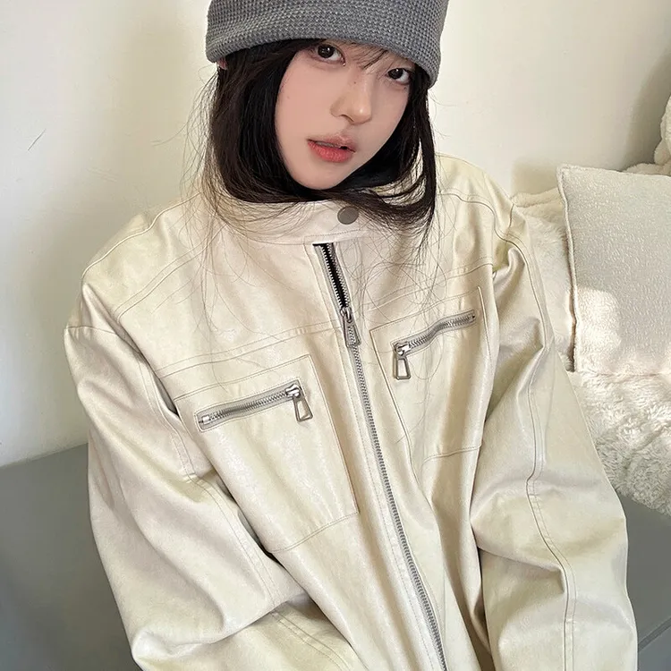 美式复古美拉德皮衣情侣装春季潮流设计高领机车服夹克百搭外套男