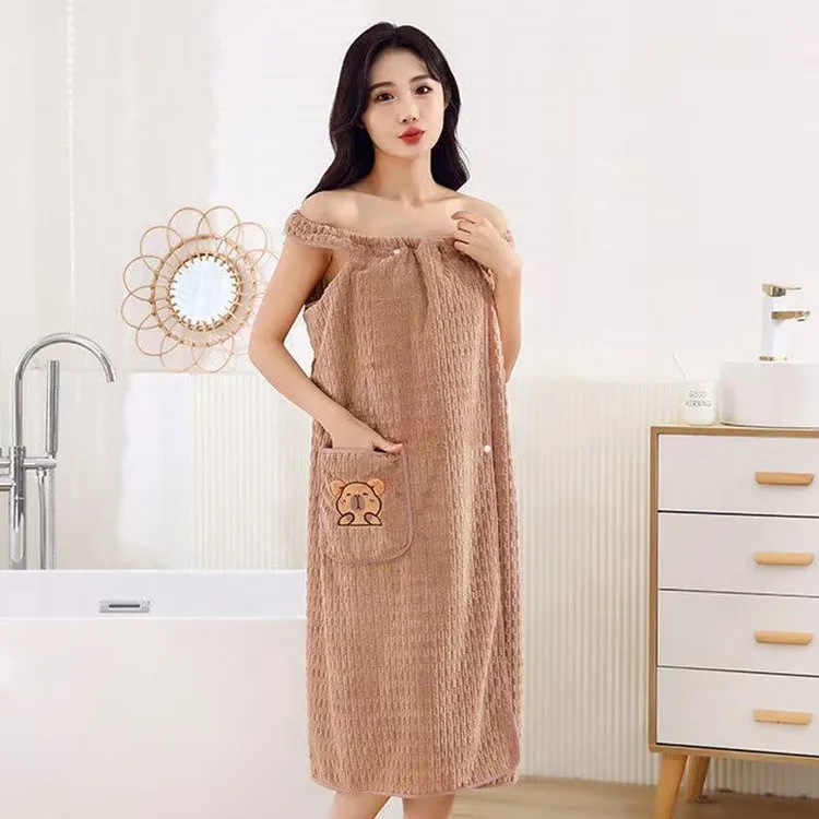 新款浴裙可穿式双肩带竹节绒大浴巾宿舍家用洗澡柔软吸水四季通用