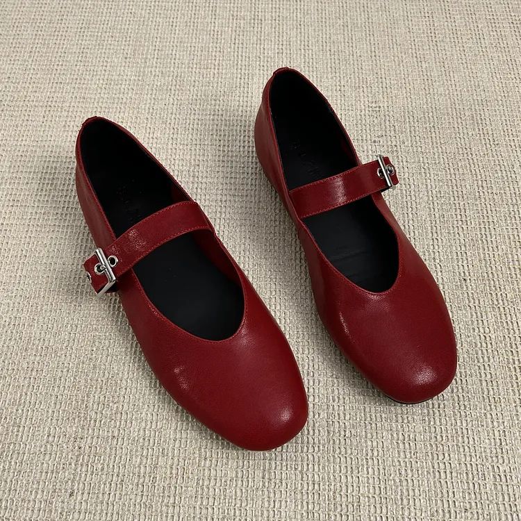 Dannyfrey法式晚晚风一字带女春真皮圆头浅口平底玛丽珍真皮单鞋