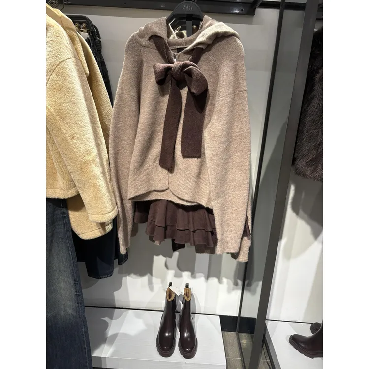 学院风蝴蝶结针织衫宽松慵懒连帽外套上衣女复古褶皱a字半身裙