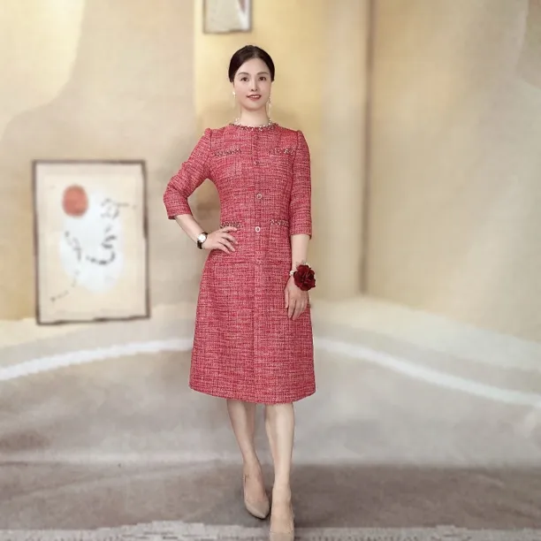 喜妃琳00010婚宴妈妈礼服秋冬款小香风气质中长款名媛千金连衣裙